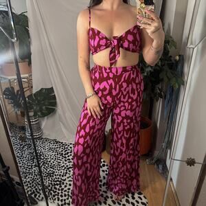 Rusttydustty Leopard Crop Cami Top & Wide Leg Pants Set Pink Size Small NWT